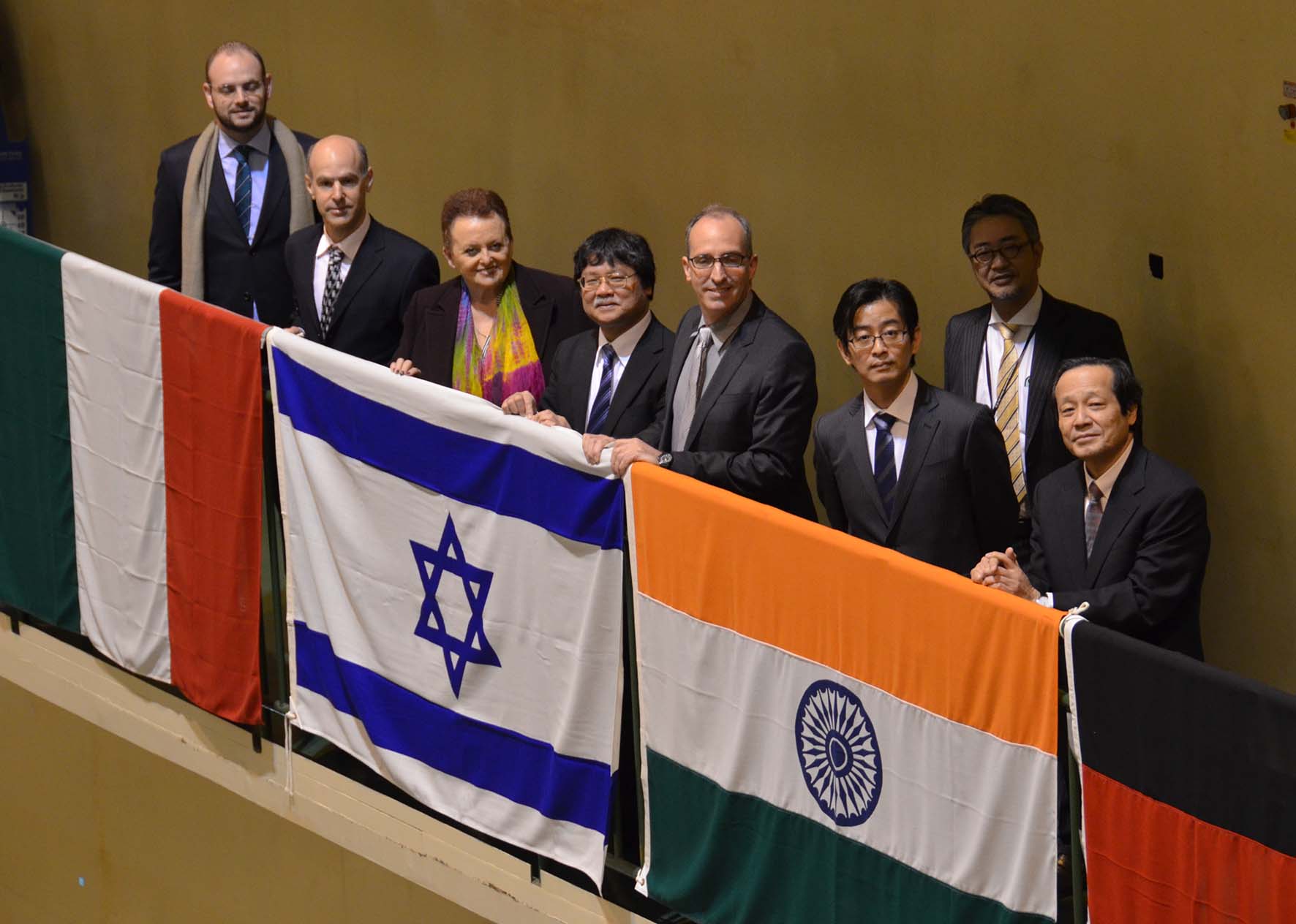 The Israeli flag raised between Indian and Italian flags = February 22, 11:57am at the KEK Tsukuba Experimental Hall／<i class='fa fa-copyright' aria-hidden='true'></i> KEK IPNS 