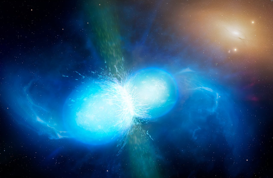 図１：中性子星合体のグラフィック画像（想像図）。/ Credit: University of Warwick/Mark Garlick (ESO image)