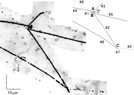 図：論文賞受賞論文で報告した二重ラムダ核の事象「美濃イベント」の写真乾板中の画像