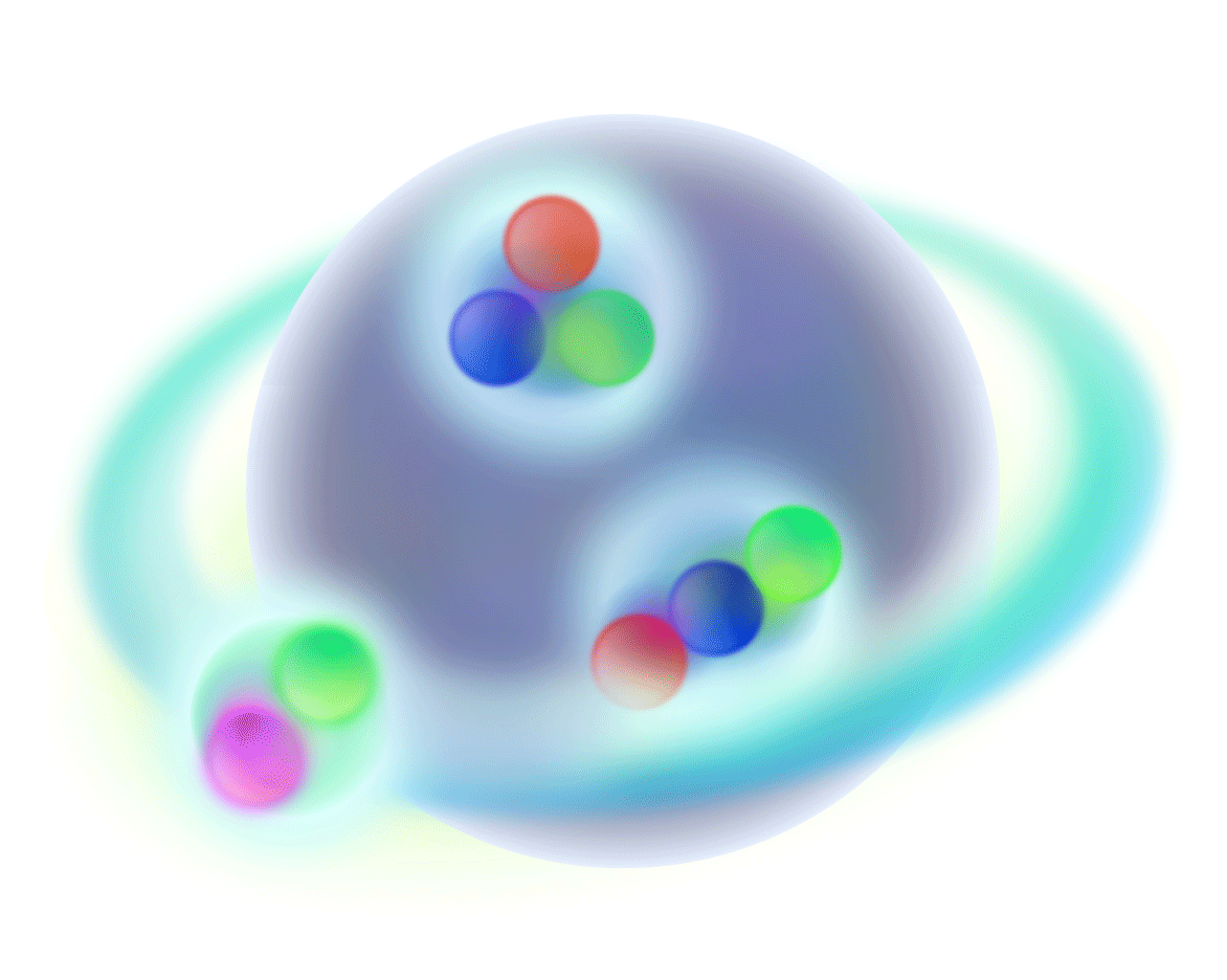 図1：メソンと原子核が結合した特殊な状態の模式図（最も小さな丸はクォークを表す）。 ／<i class='fa fa-copyright' aria-hidden='true'></i> 東北大学