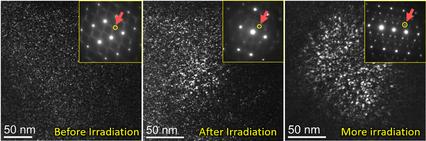 Figure 5：Transmission electron micrographs highlight the β-phase in the Ti-6Al-4V alloy. In the electron beam diffraction pattern shown in the inset of left image, distinct streaks appear. These streaks coalesce into discreet diffraction spots (from left to right insets) with increasing proton beam exposure. By selecting one of these streaks/spots as indicated by the red arrows, the ω-phase can be resolved as a high density of bright particles as shown in the main images, that clearly coarsen in size with proton irradiation.
